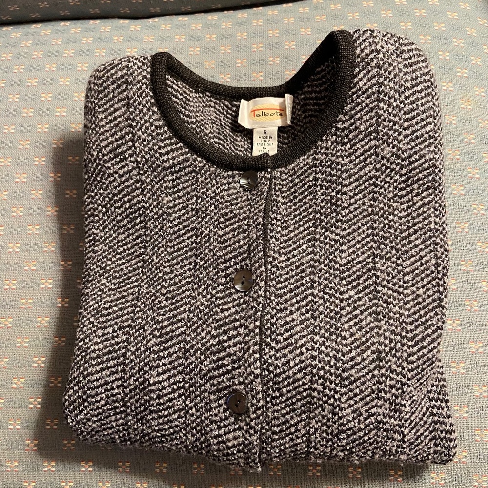 Talbots Black & Grey Tweed Wool Blend Cardigan Sweater; Small; Perfect Condition